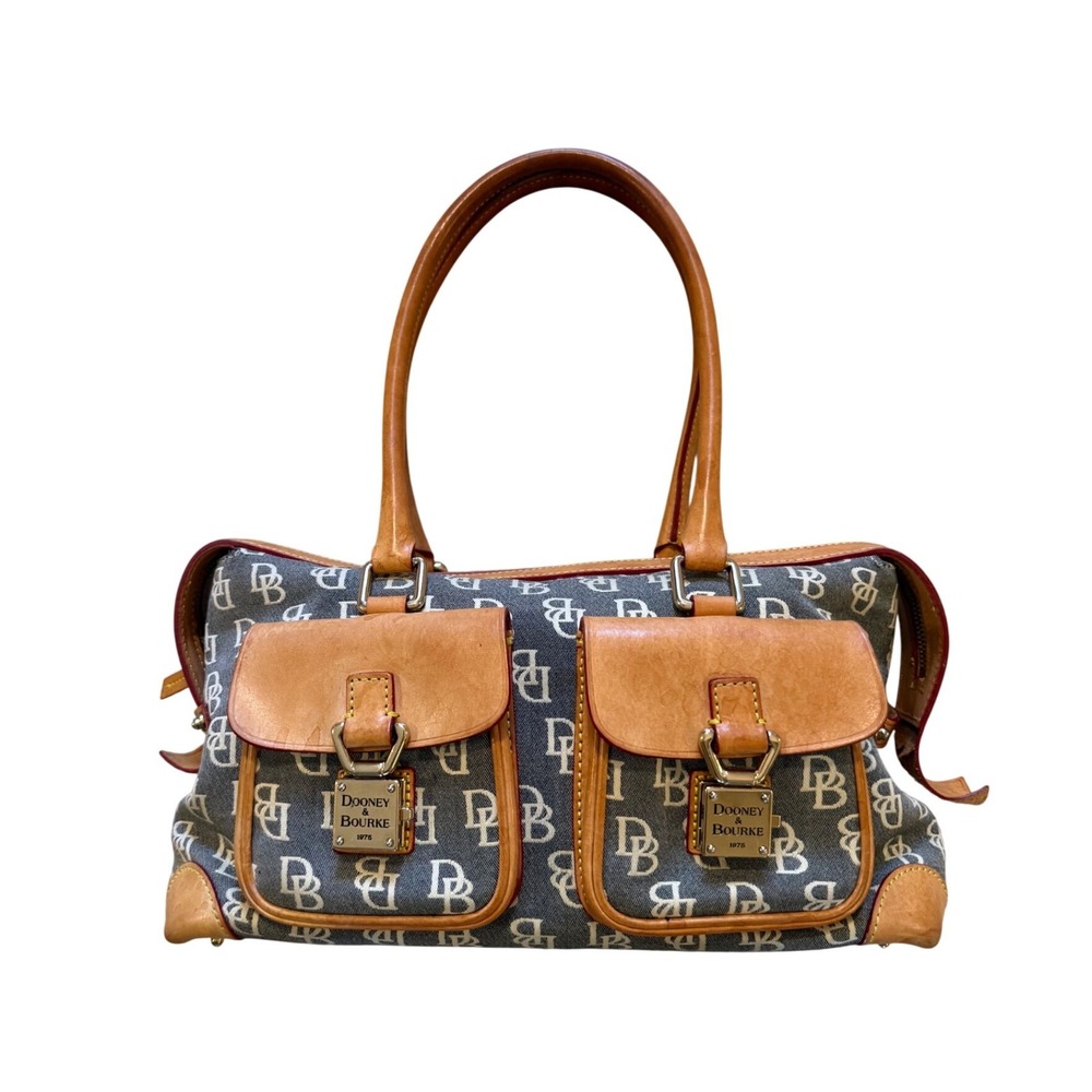 Dooney & Bourke Monogram Leather Satchel Handbag GrayTan Latch Pockets Vintage